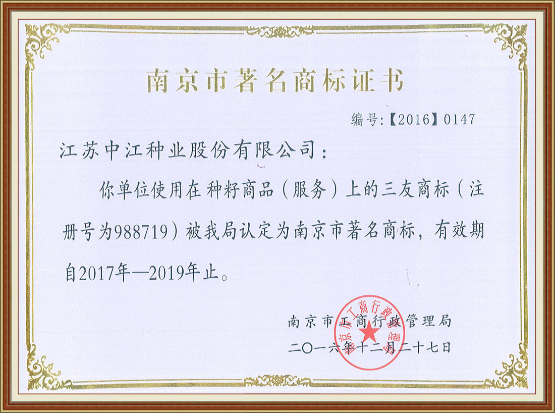 2016年度南京市著名商標(biāo)證書(shū)